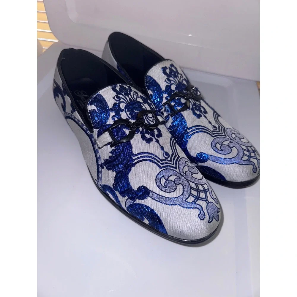 Successo Uomo by Puita Mens Blue White Jacquard Damask Bit Loafers Dress Shoes
